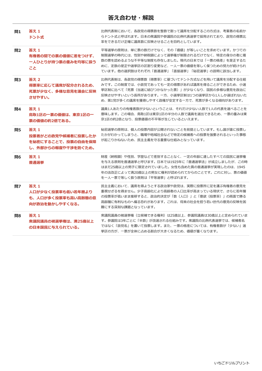 選挙と政党 過去問類似プリント 答え(サンプル)