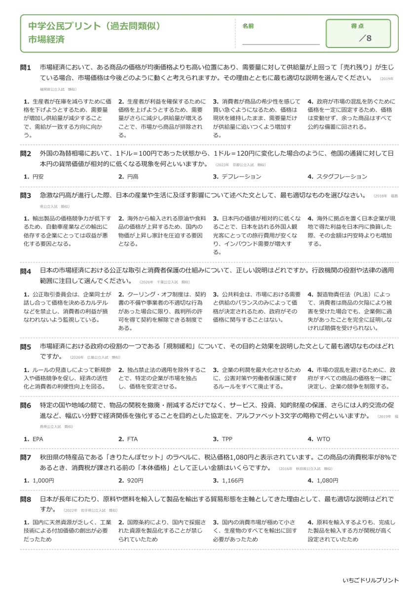 市場経済 過去問類似プリント 問題(サンプル)