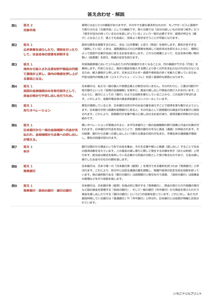 金融と日本銀行 過去問類似プリント 答え(サンプル)