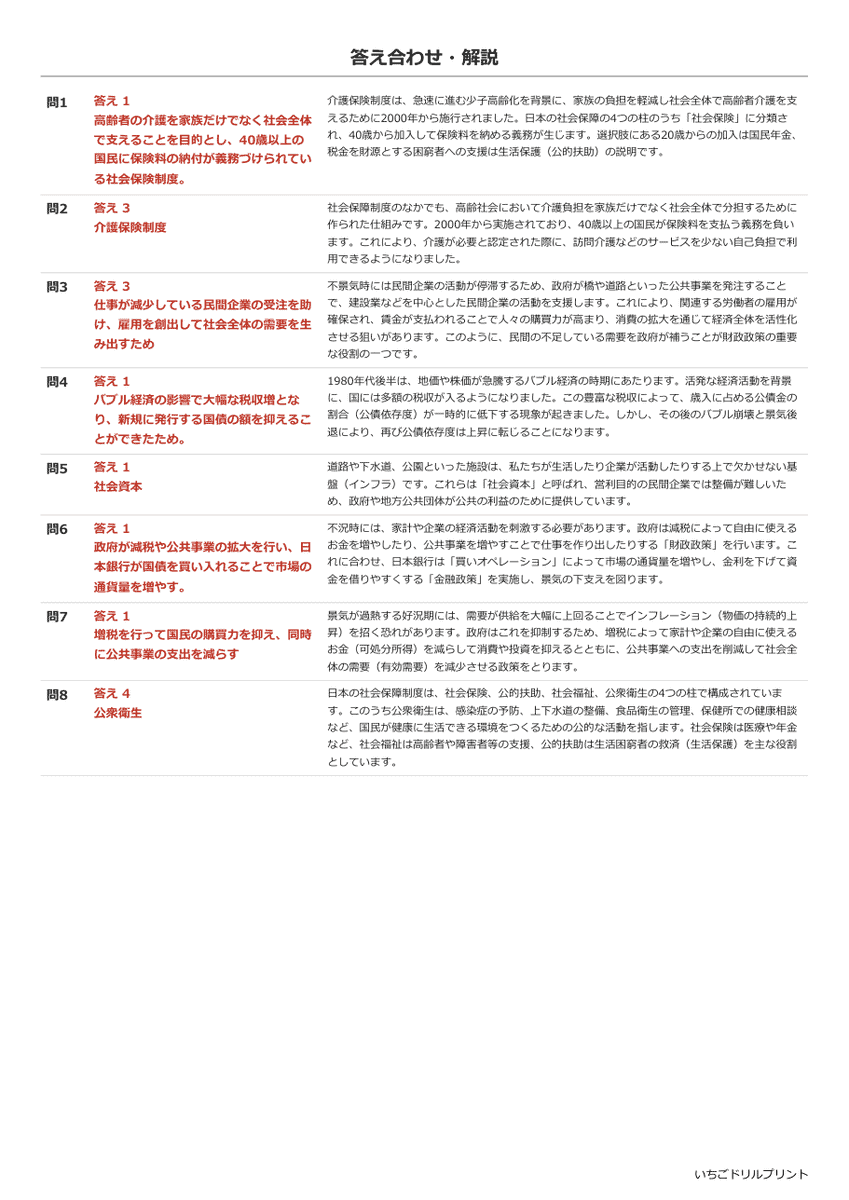 財政と社会保障 過去問類似プリント 答え(サンプル)