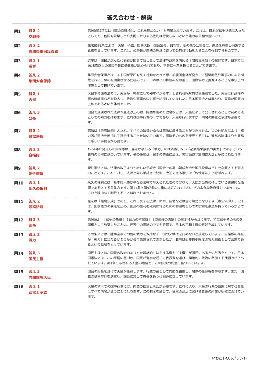 日本国憲法 基礎確認プリント 答え(サンプル)