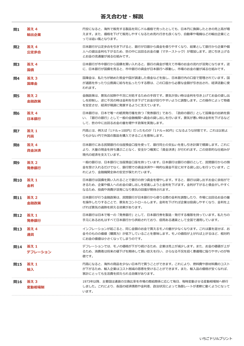 金融と日本銀行 基礎確認プリント 答え(サンプル)