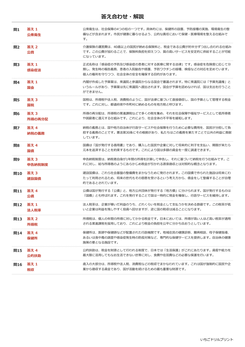 財政と社会保障 基礎確認プリント 答え(サンプル)