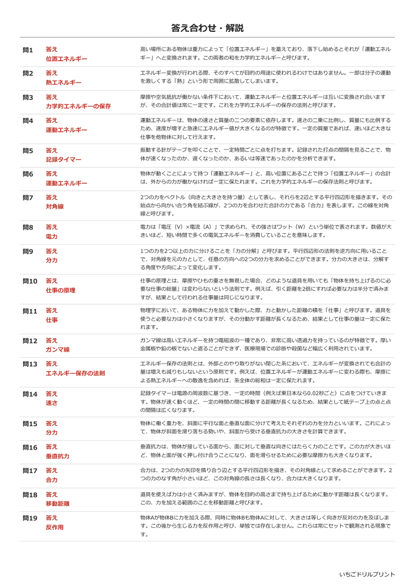 運動とエネルギー 書き取りプリント 答え(サンプル)