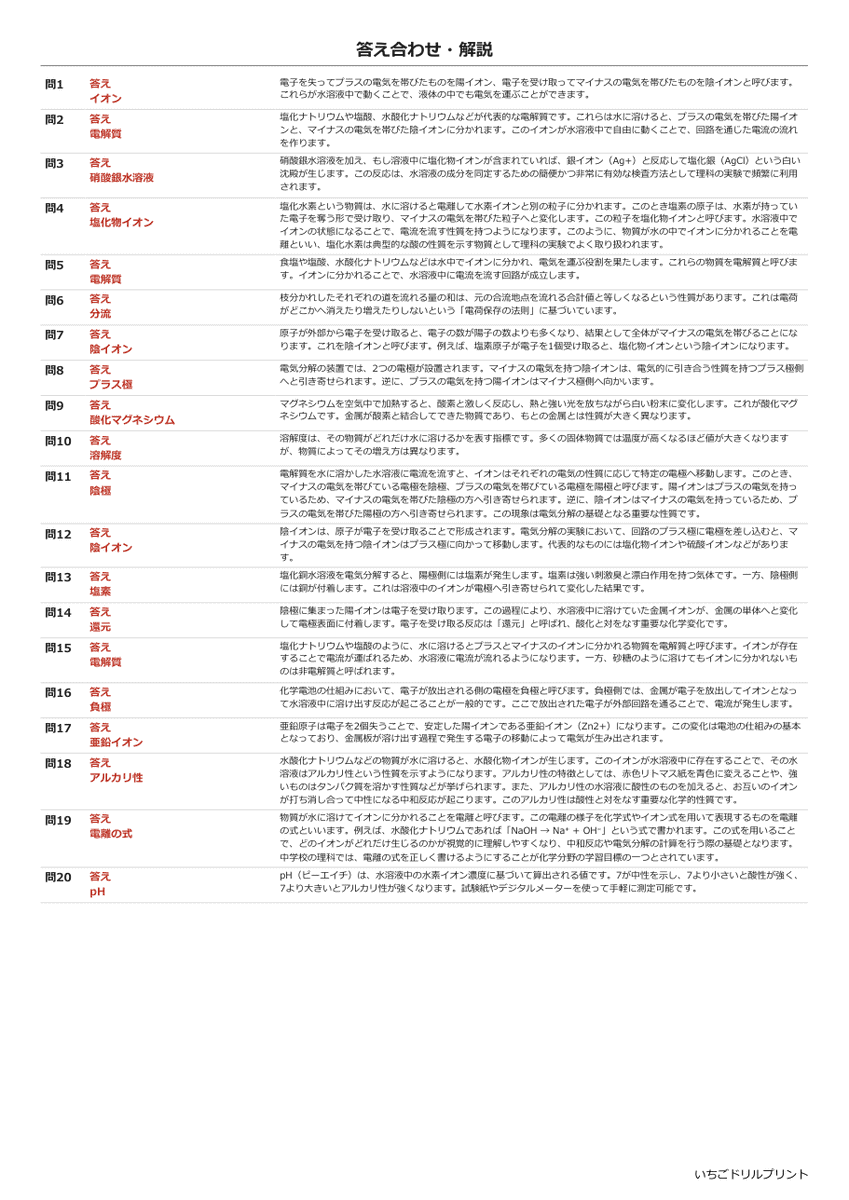 イオン・酸アルカリ 書き取りプリント 答え(サンプル)