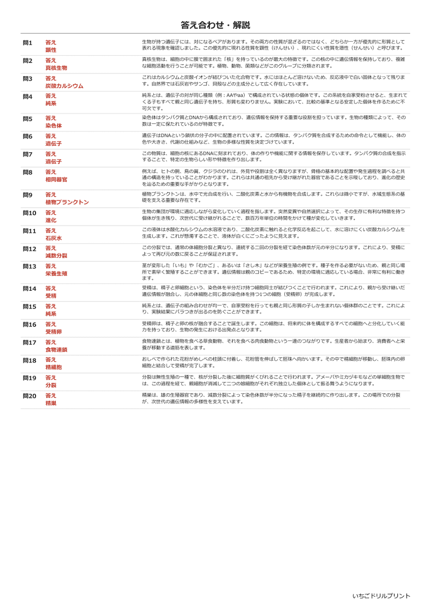 遺伝・進化・生態系 書き取りプリント 答え(サンプル)