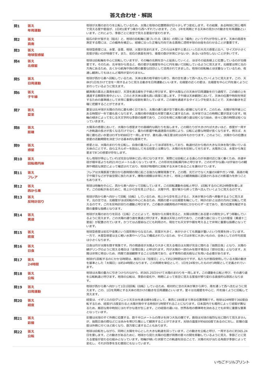 天体・宇宙・環境 書き取りプリント 答え(サンプル)