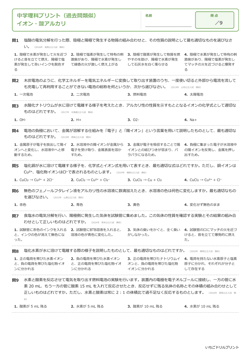 イオン・酸アルカリ 過去問類似プリント 問題(サンプル)