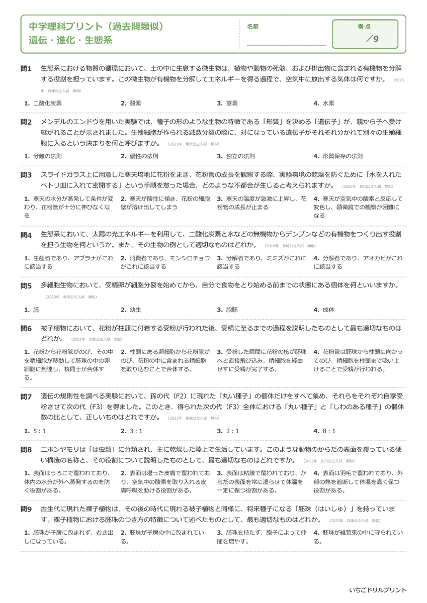 遺伝・進化・生態系 過去問類似プリント 問題(サンプル)