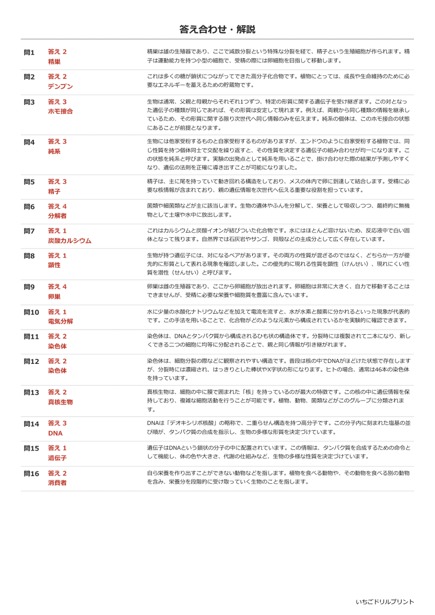 遺伝・進化・生態系 基礎確認プリント 答え(サンプル)