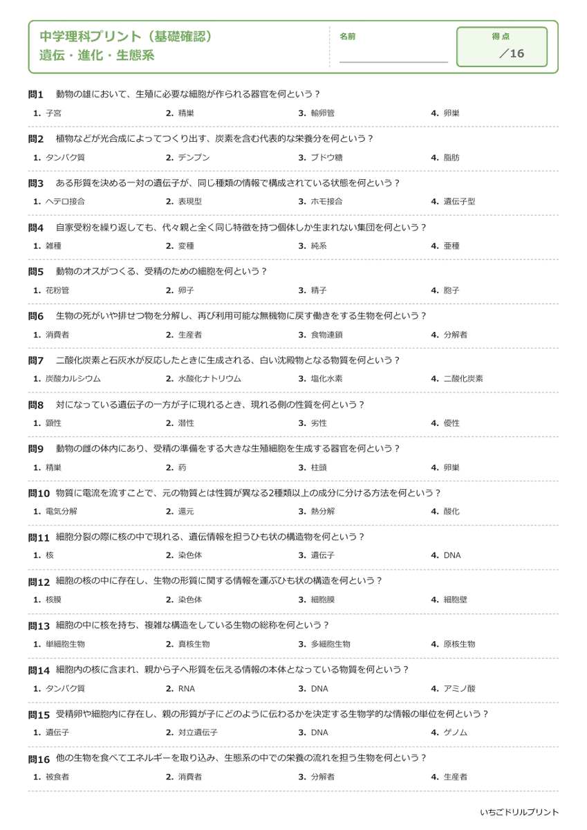 遺伝・進化・生態系 基礎確認プリント 問題(サンプル)