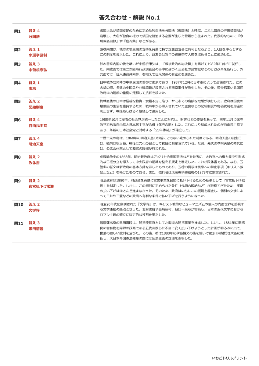 日本史A(旧課程の過去問) 答え(サンプル)