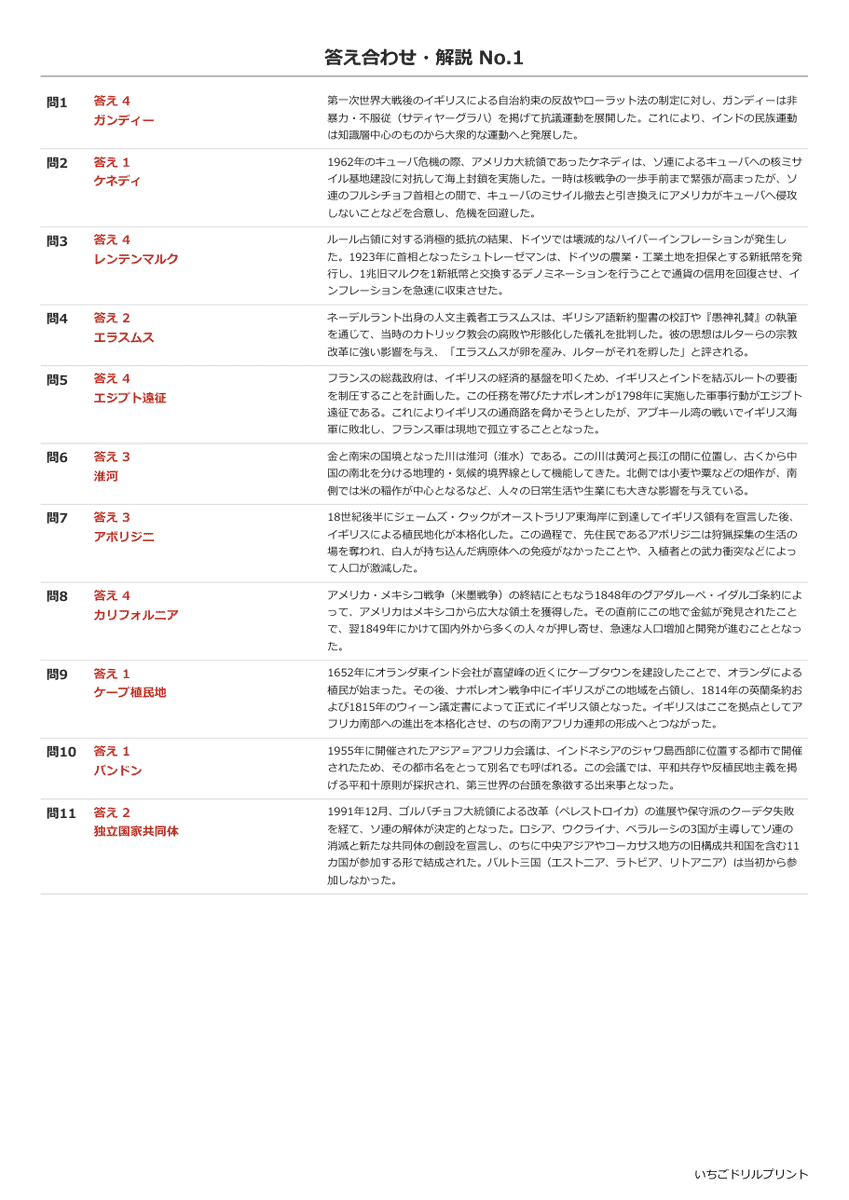 世界史A(旧課程の過去問) 答え(サンプル)