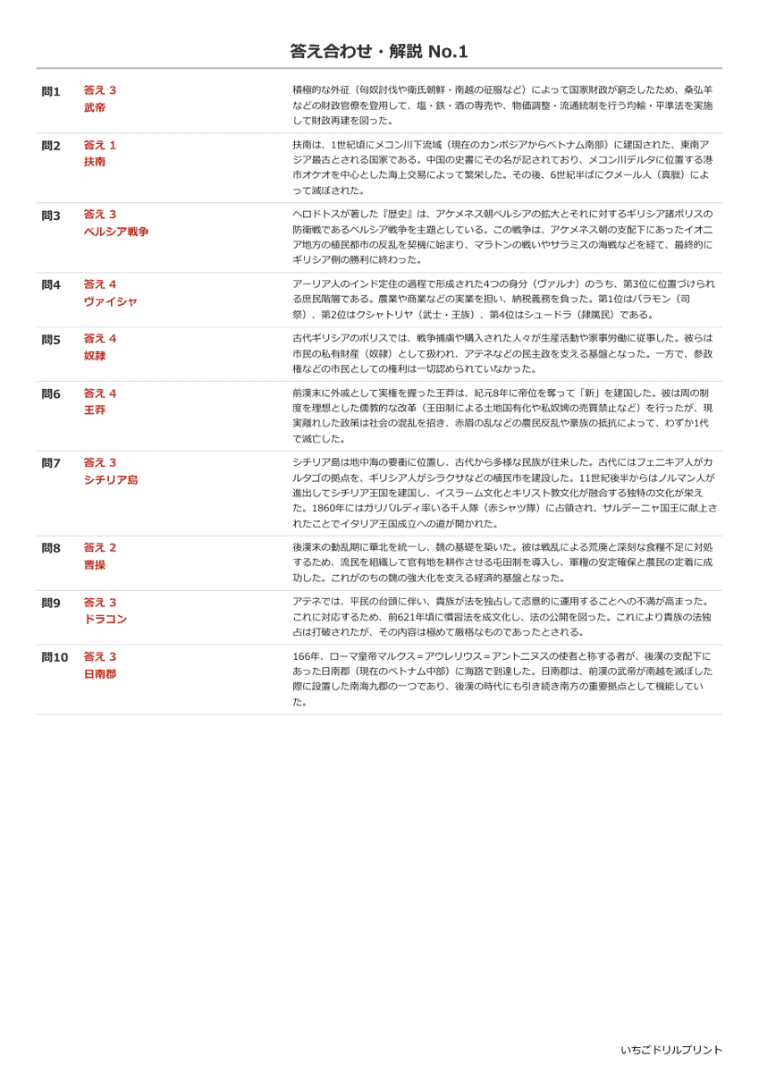 古代(諸地域世界の形成) 答え(サンプル)