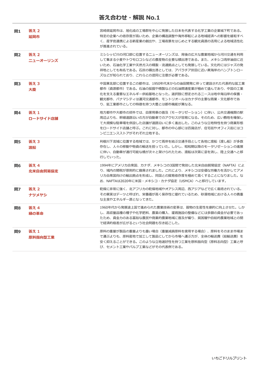 資源と産業 答え(サンプル)