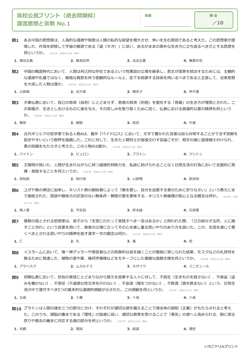 源流思想と宗教 問題(サンプル)