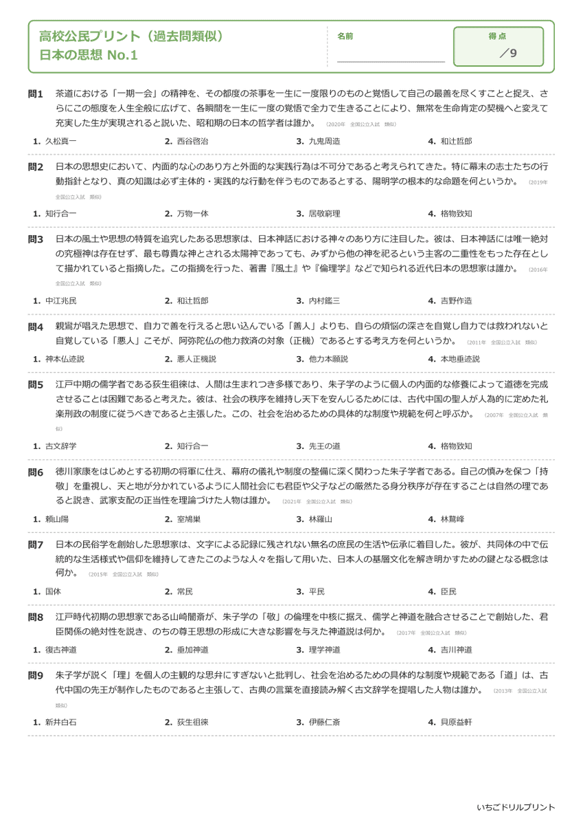 日本の思想 問題(サンプル)
