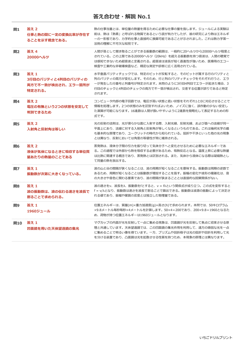 物理ⅠA(旧課程の過去問) 答え(サンプル)