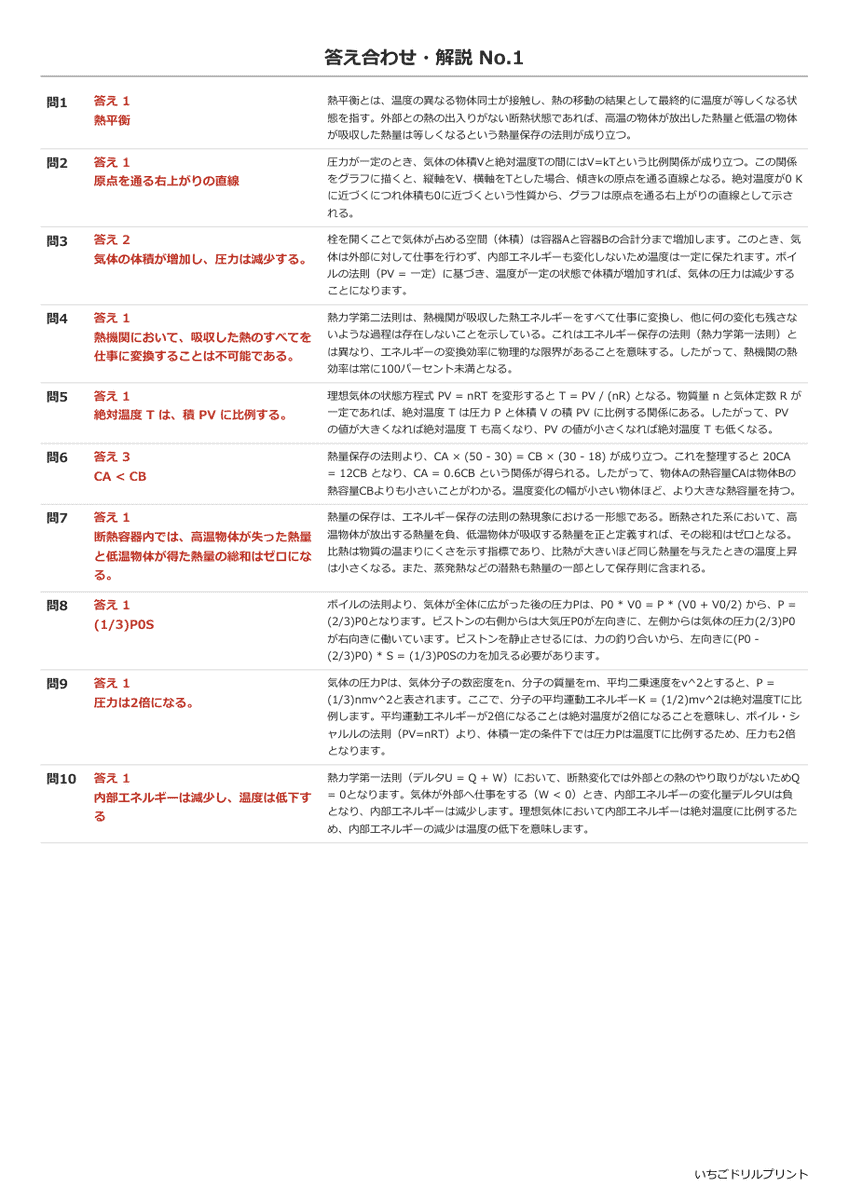 熱力学 答え(サンプル)