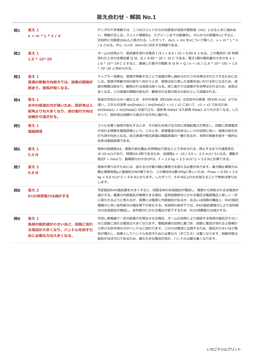 物理Ⅰ(旧課程の過去問) 答え(サンプル)