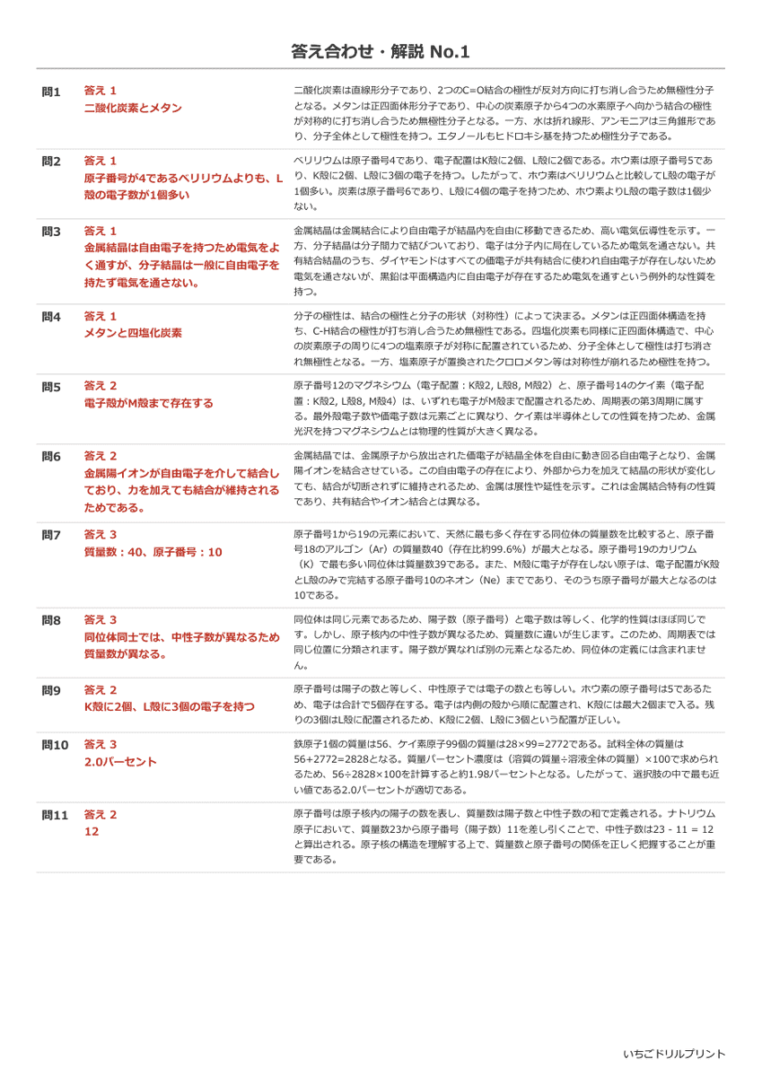物質の構成と化学結合 答え(サンプル)