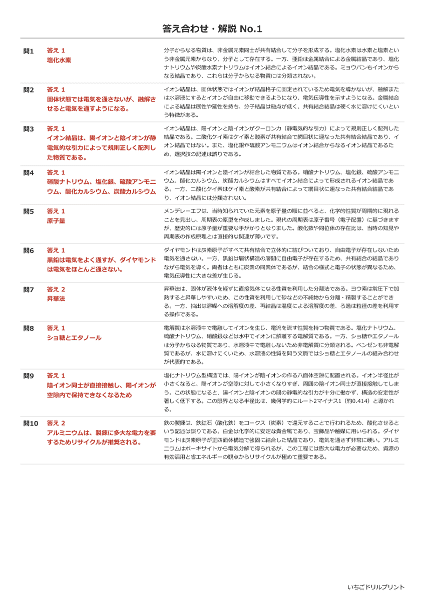 物質の構成と化学結合 答え(サンプル)