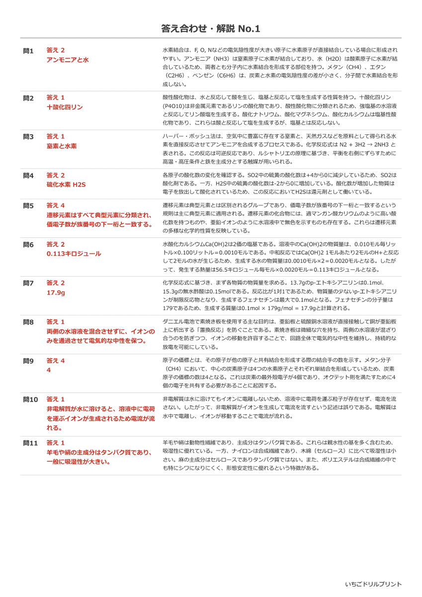 化学Ⅰ(旧課程の過去問) 答え(サンプル)