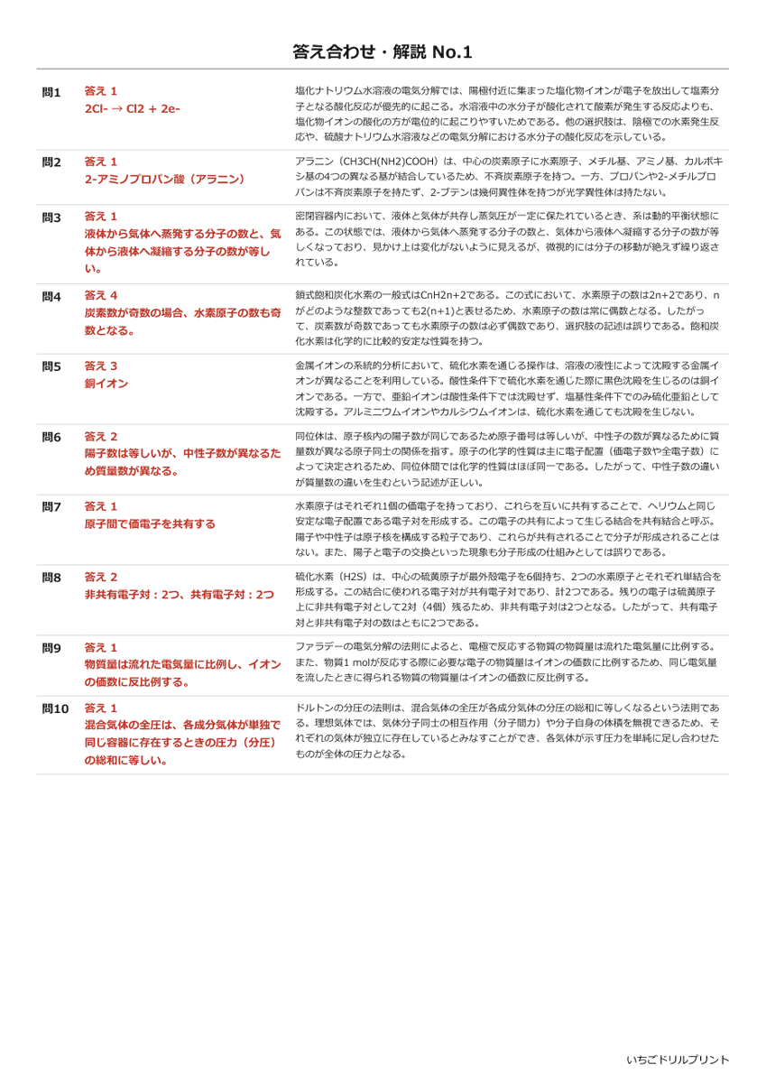 化学ⅠB(旧課程の過去問) 答え(サンプル)