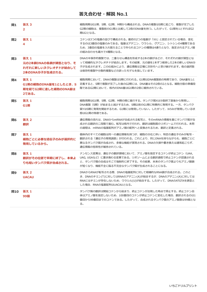 遺伝情報とその発現 答え(サンプル)