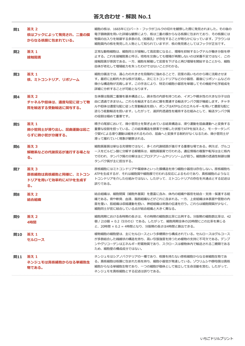 細胞と分子 答え(サンプル)
