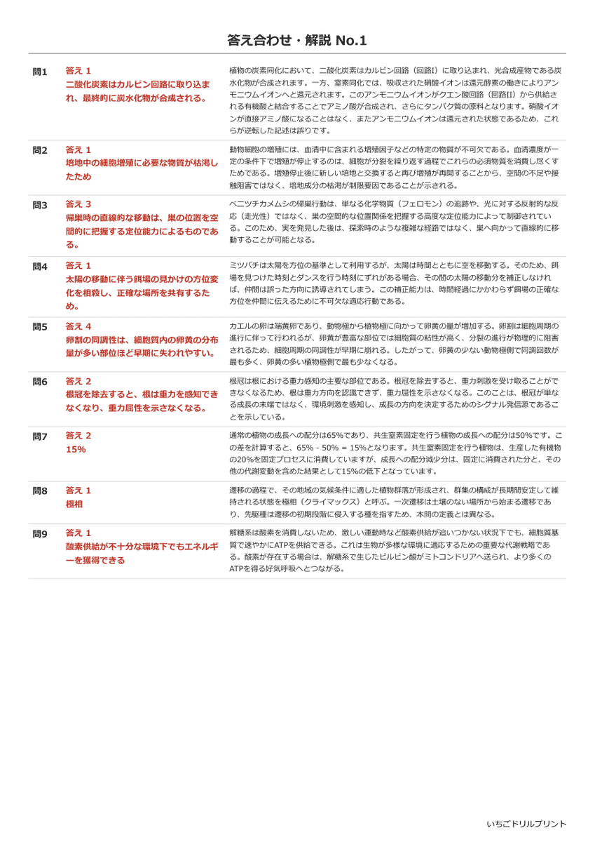 生物ⅠB(旧課程の過去問) 答え(サンプル)