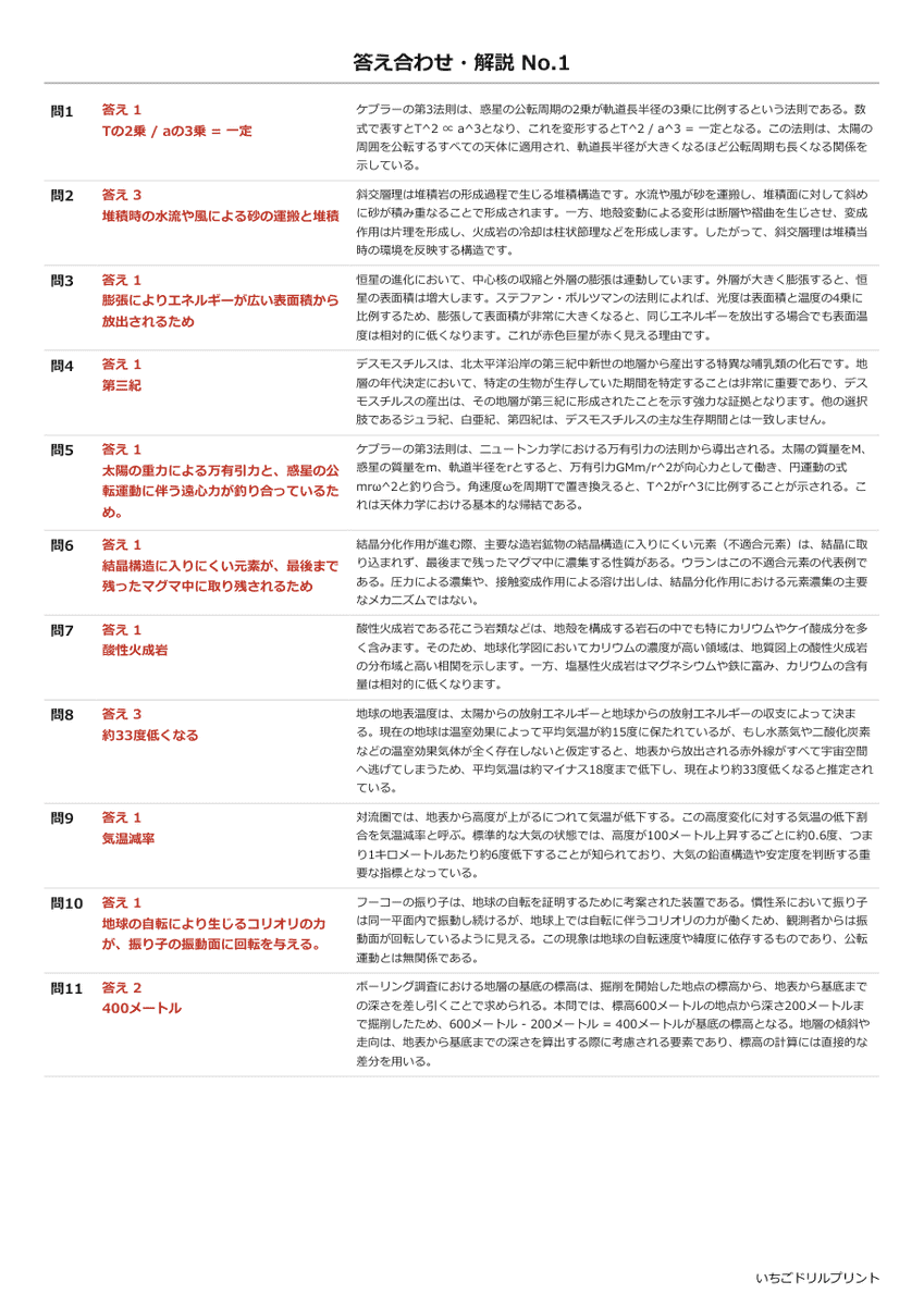 地学ⅠB(旧課程の過去問) 答え(サンプル)