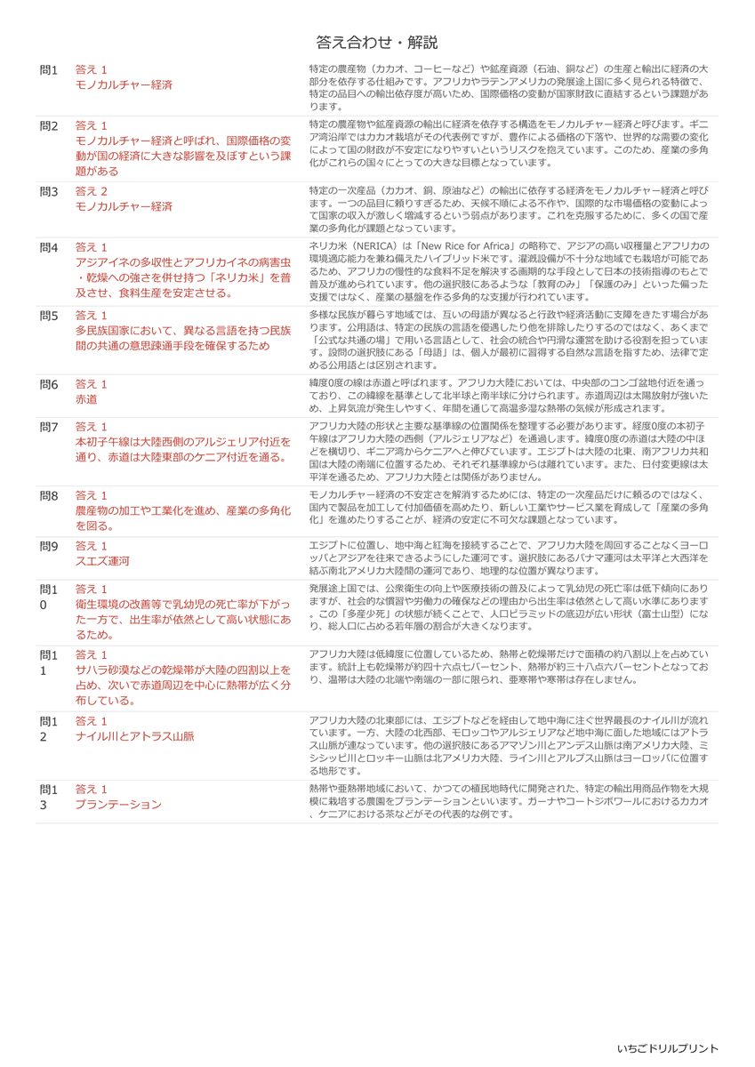 高校受験向けアフリカ州の無料プリント一覧 答え(サンプル)