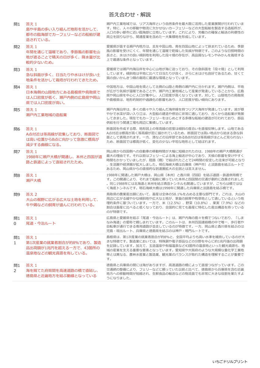 高校受験向け中国・四国地方の無料プリント一覧 答え(サンプル)