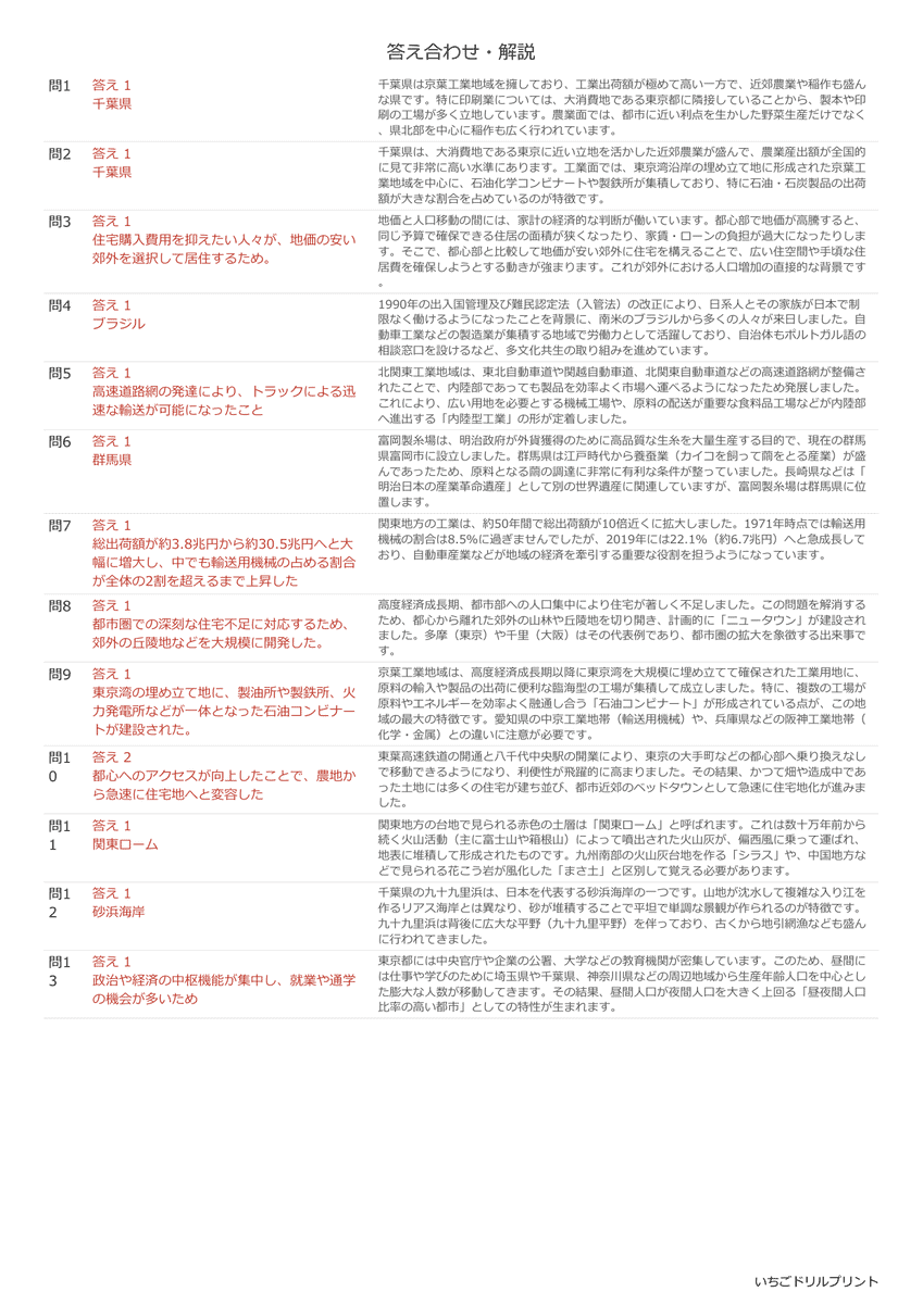 高校受験向け関東地方の無料プリント一覧 答え(サンプル)