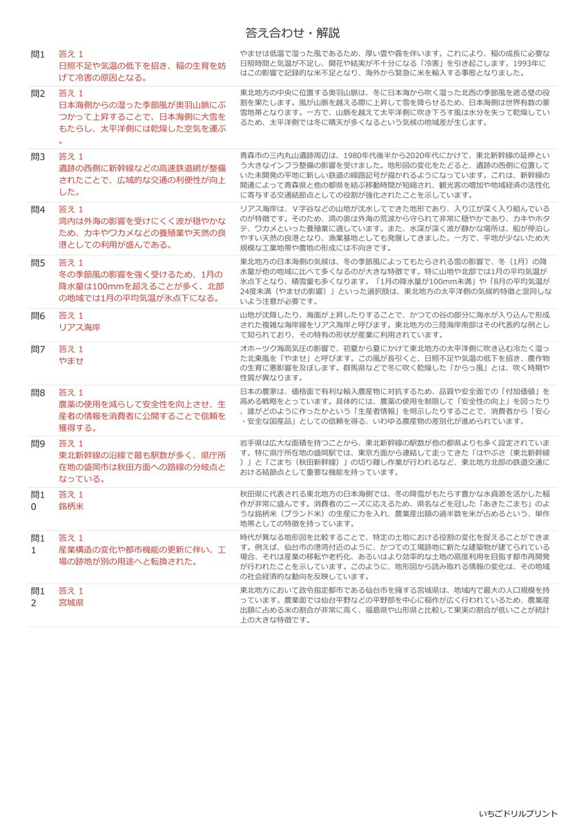 高校受験向け東北地方の無料プリント一覧 答え(サンプル)