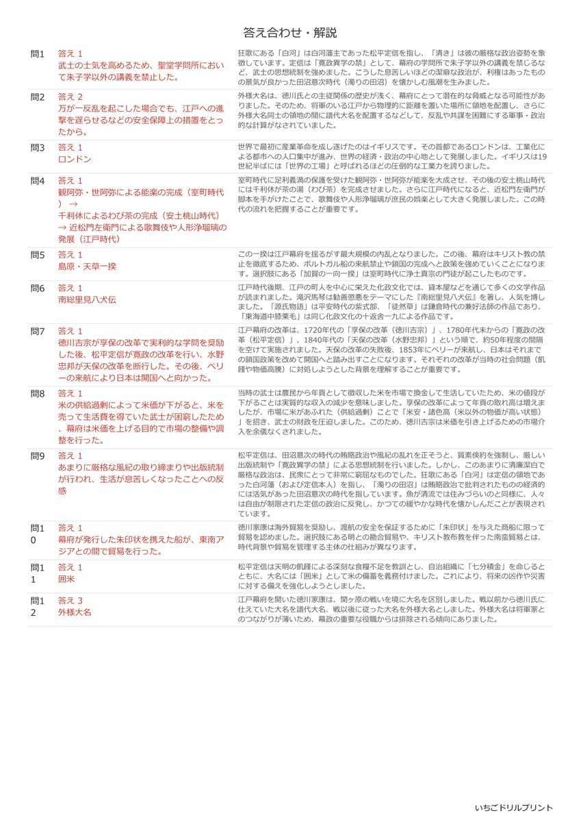 高校受験向け江戸時代の無料プリント一覧 答え(サンプル)