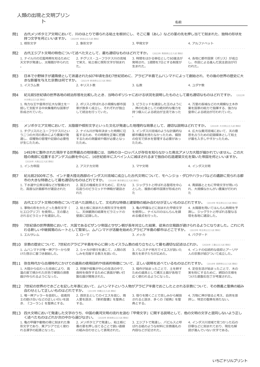高校受験向け人類の出現と文明の無料プリント一覧 問題(サンプル)