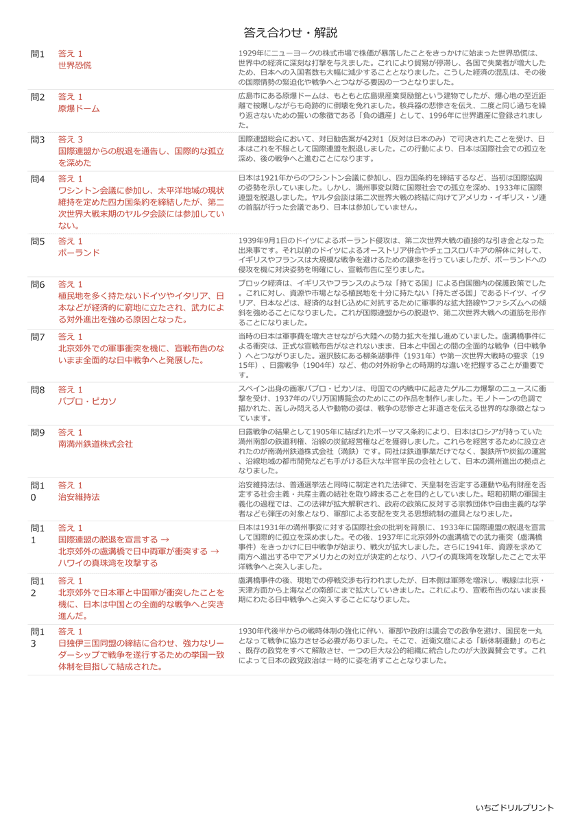 高校受験向け昭和時代(戦前)の無料プリント一覧 答え(サンプル)