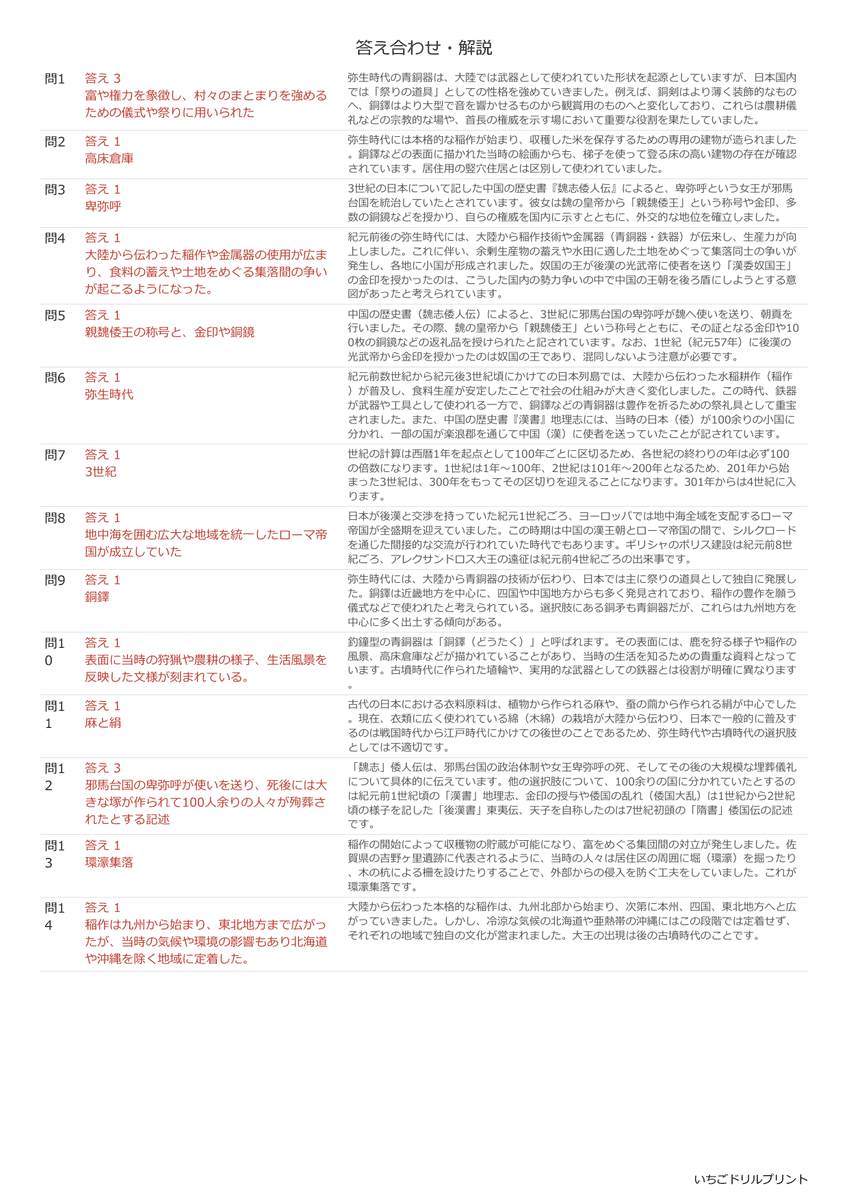高校受験向け弥生時代の無料プリント一覧 答え(サンプル)