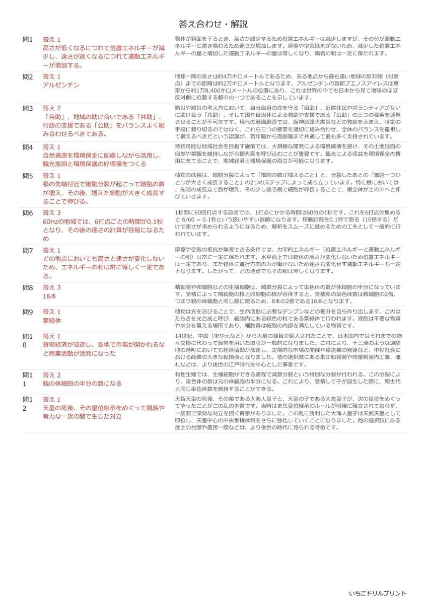 愛知の公立高校入試 無料プリント一覧 答え（サンプル）