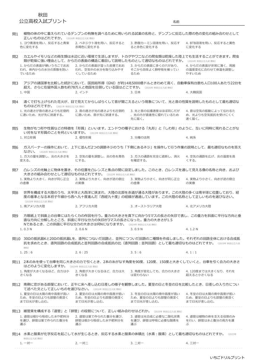 秋田の公立高校入試 無料プリント一覧 問題（サンプル）