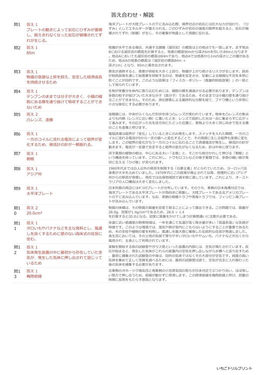 青森の公立高校入試 無料プリント一覧 答え（サンプル）