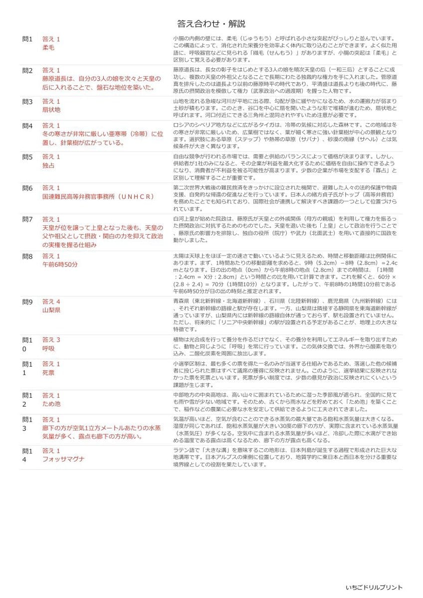 愛媛の公立高校入試 無料プリント一覧 答え（サンプル）