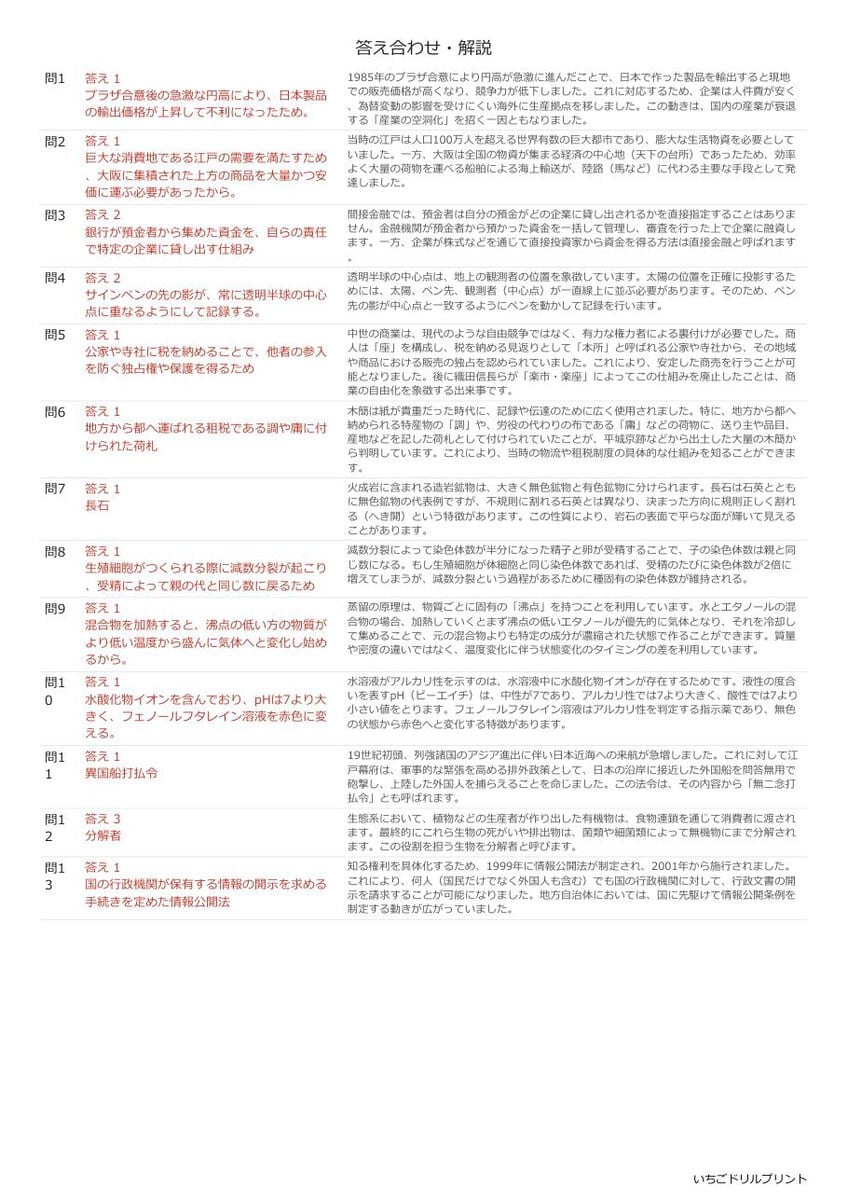 岐阜の公立高校入試 無料プリント一覧 答え（サンプル）