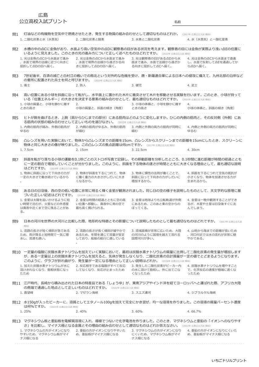広島の公立高校入試 無料プリント一覧 問題（サンプル）