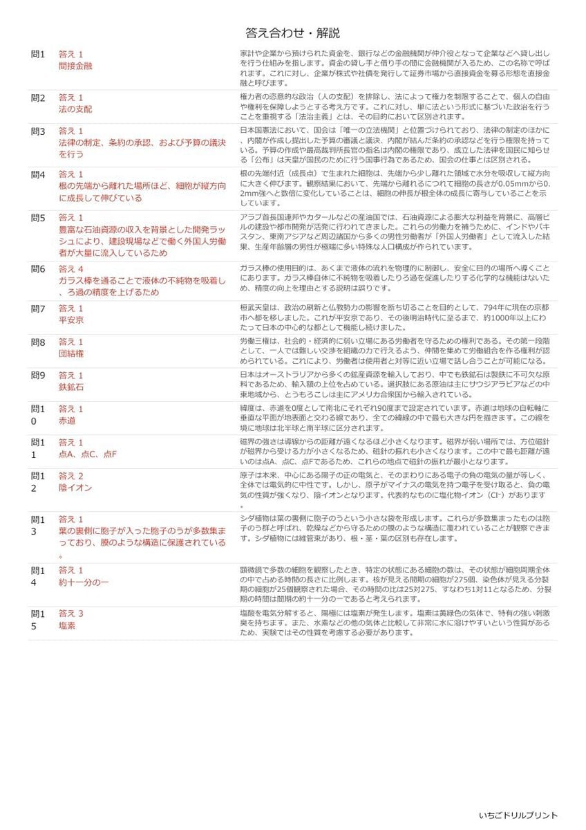 北海道の公立高校入試 無料プリント一覧 答え（サンプル）
