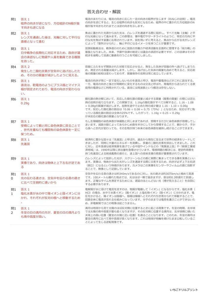 石川の公立高校入試 無料プリント一覧 答え（サンプル）