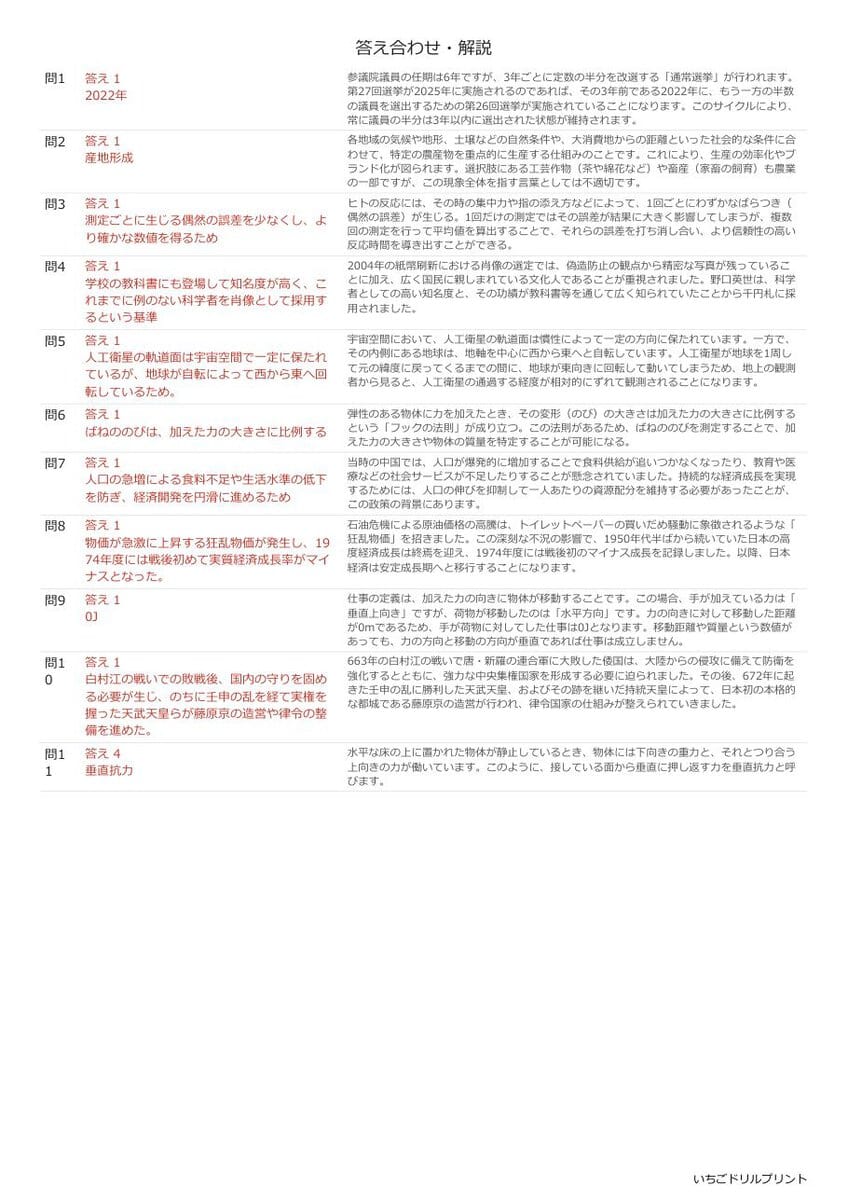 奈良の公立高校入試 無料プリント一覧 答え（サンプル）