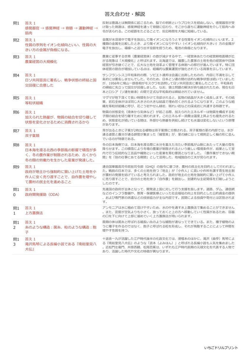 大阪の公立高校入試 無料プリント一覧 答え（サンプル）